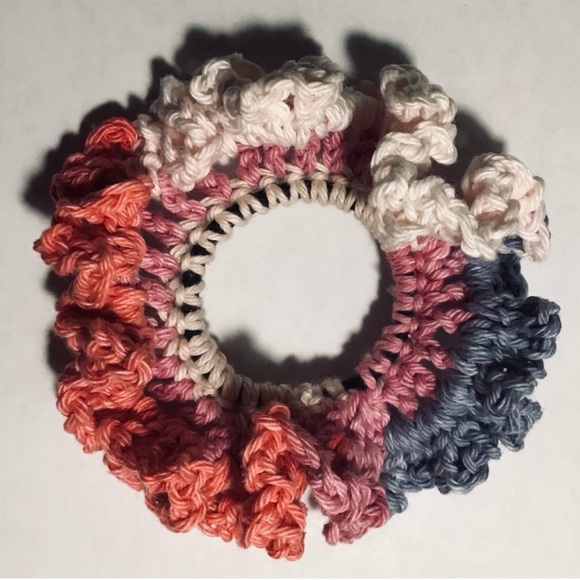Handmade Blue, Pink and Cream Set of 2 Crochet Hair Scrunchies- NIP - Picture 6 of 7